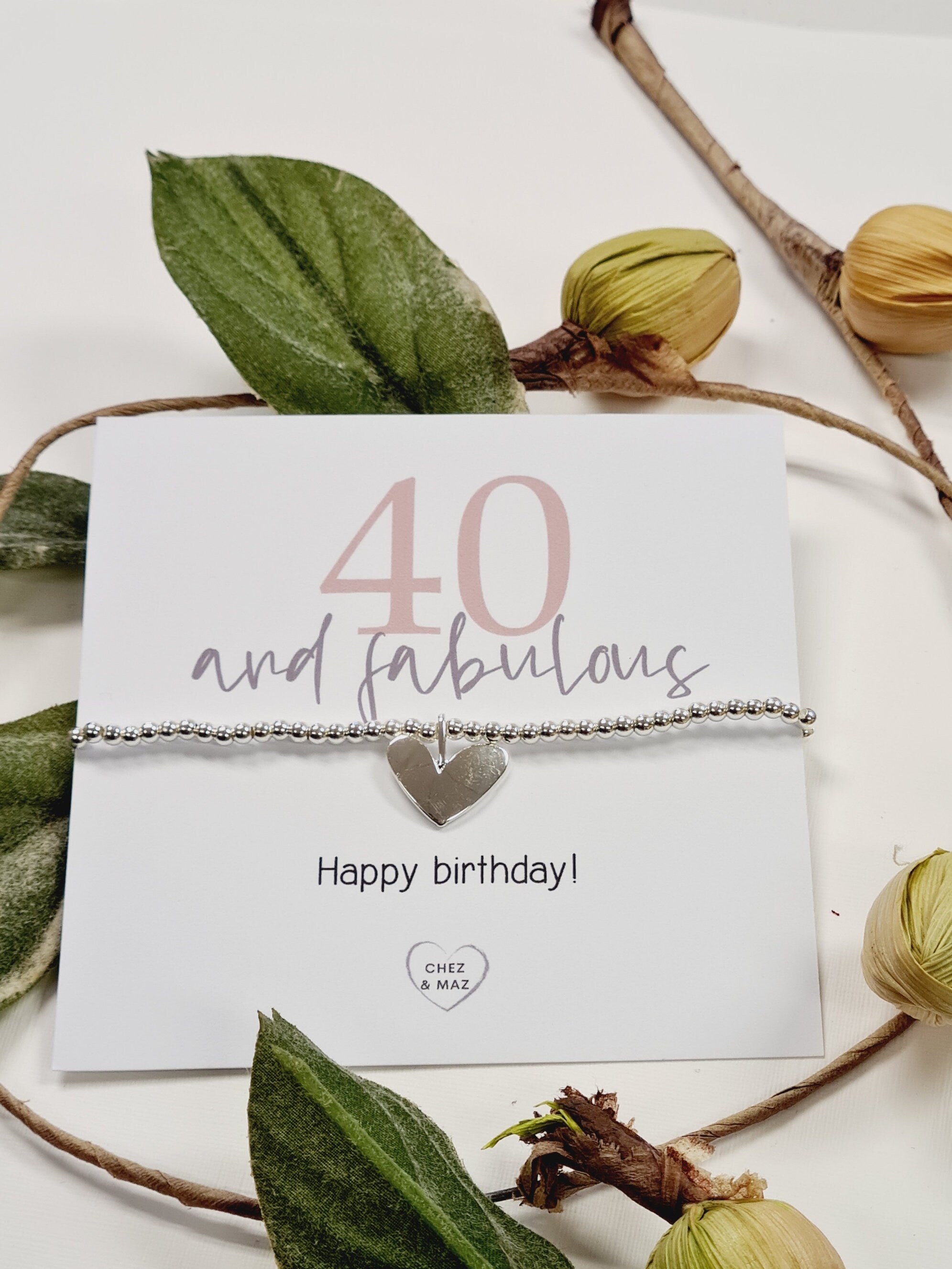 40 and fabulous, Happy Birthday - Forty - 40th Birthday - Fortieth - Silver plated charm bracelet & silver heart charm