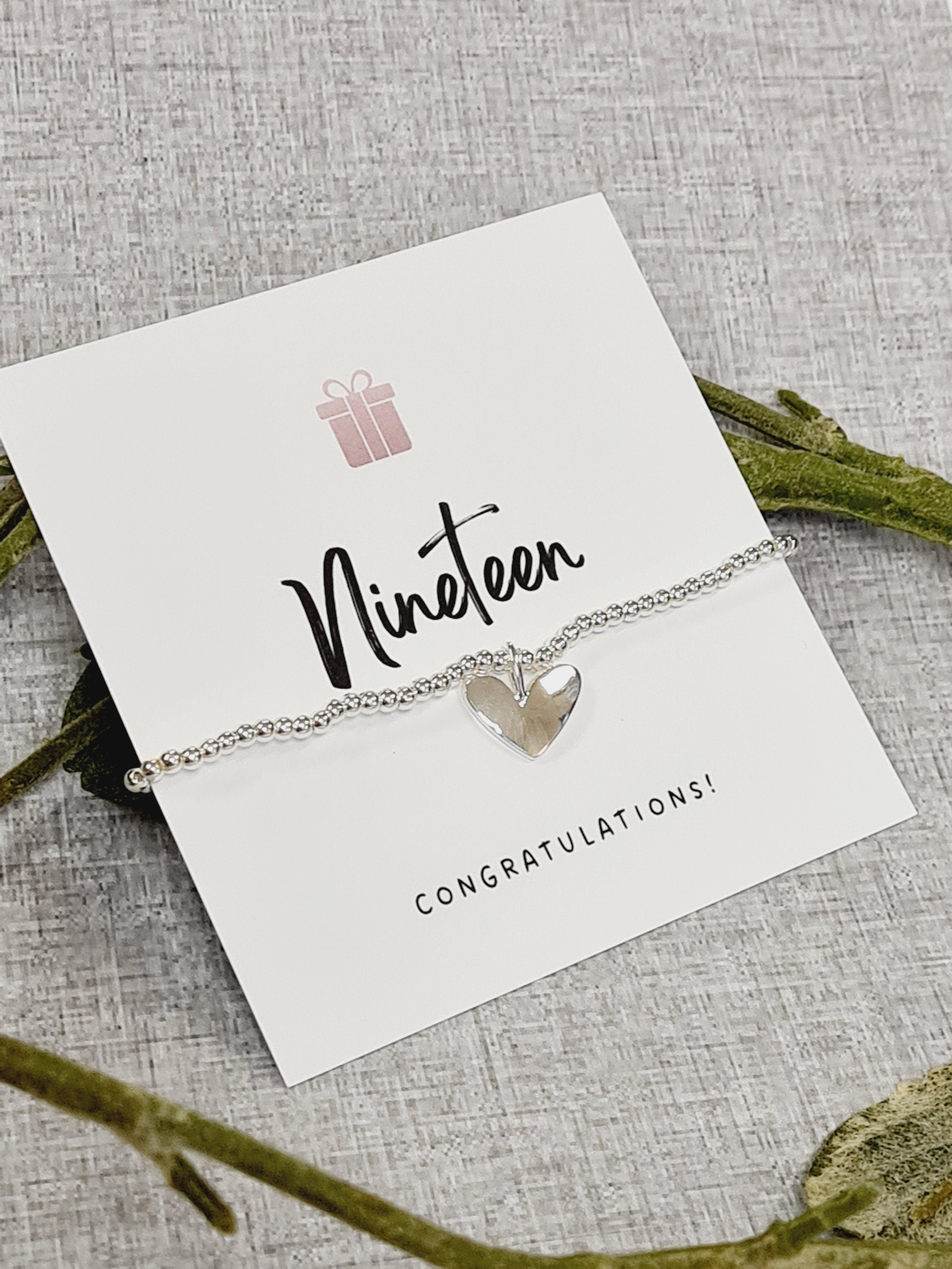 19th Birthday, 19, Nineteenth happy birthday silver plated heart charm bracelet personalised