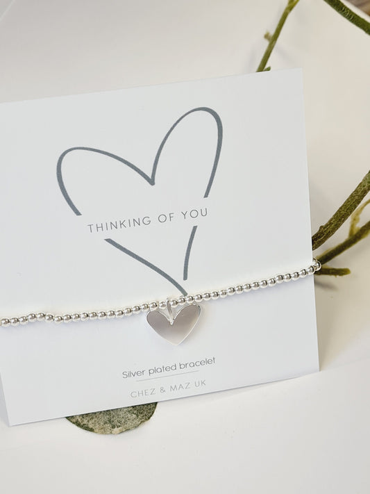 Thinking of You I Grief I Loss I Silver Heart Bracelet Beaded Stacking I Silver plated charm bracelet & heart charm