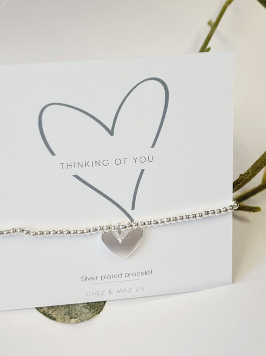 Thinking of You I Grief I Loss I Silver Heart Bracelet Beaded Stacking I Silver plated charm bracelet & heart charm