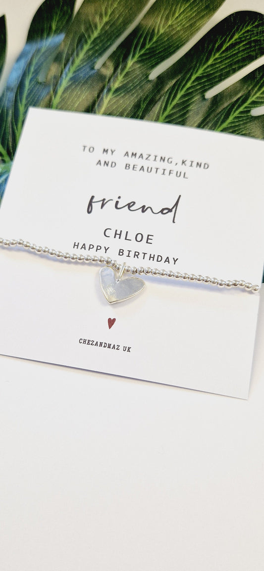 Personalised Friend Bracelet | Happy Birthday Gift for Friend | Silver Heart Charm Bracelet | Custom Birthday Jewellery for Her RT101