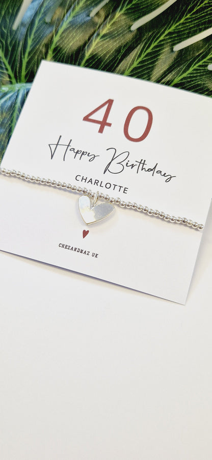 Personalised 40th Birthday Bracelet  | Happy Birthday 40| Birthday | Silver Plated Charm Bracelet Heart Charm I Forty I RT101
