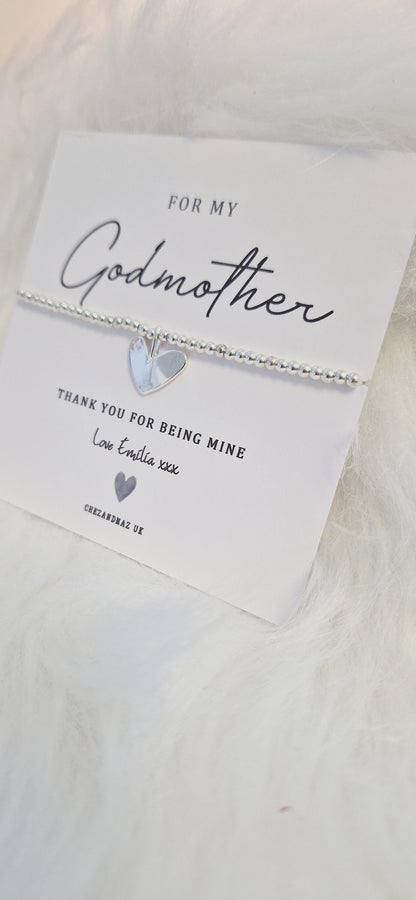 Personalised Godmother Bracelet  | For my Godmother | Christening I Baptism | Silver Plated Charm Bracelet Heart Charm RT100