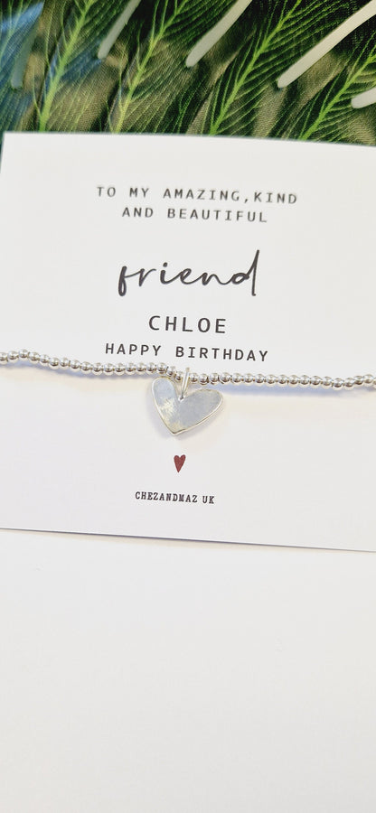 Personalised Friend Bracelet | Happy Birthday Gift for Friend | Silver Heart Charm Bracelet | Custom Birthday Jewellery for Her RT101