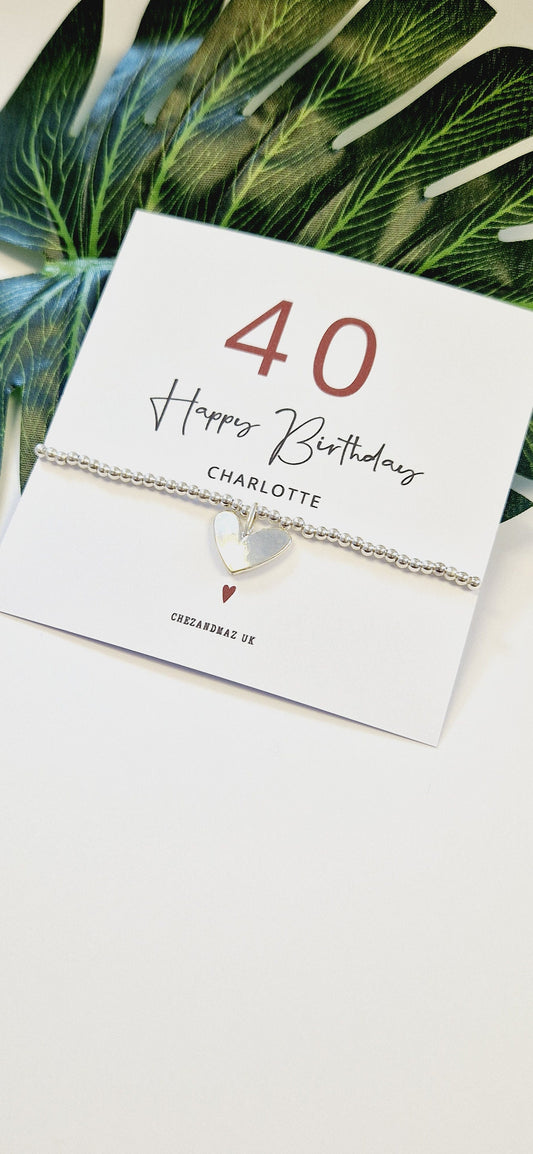 Personalised 40th Birthday Bracelet  | Happy Birthday 40| Birthday | Silver Plated Charm Bracelet Heart Charm I Forty I RT101