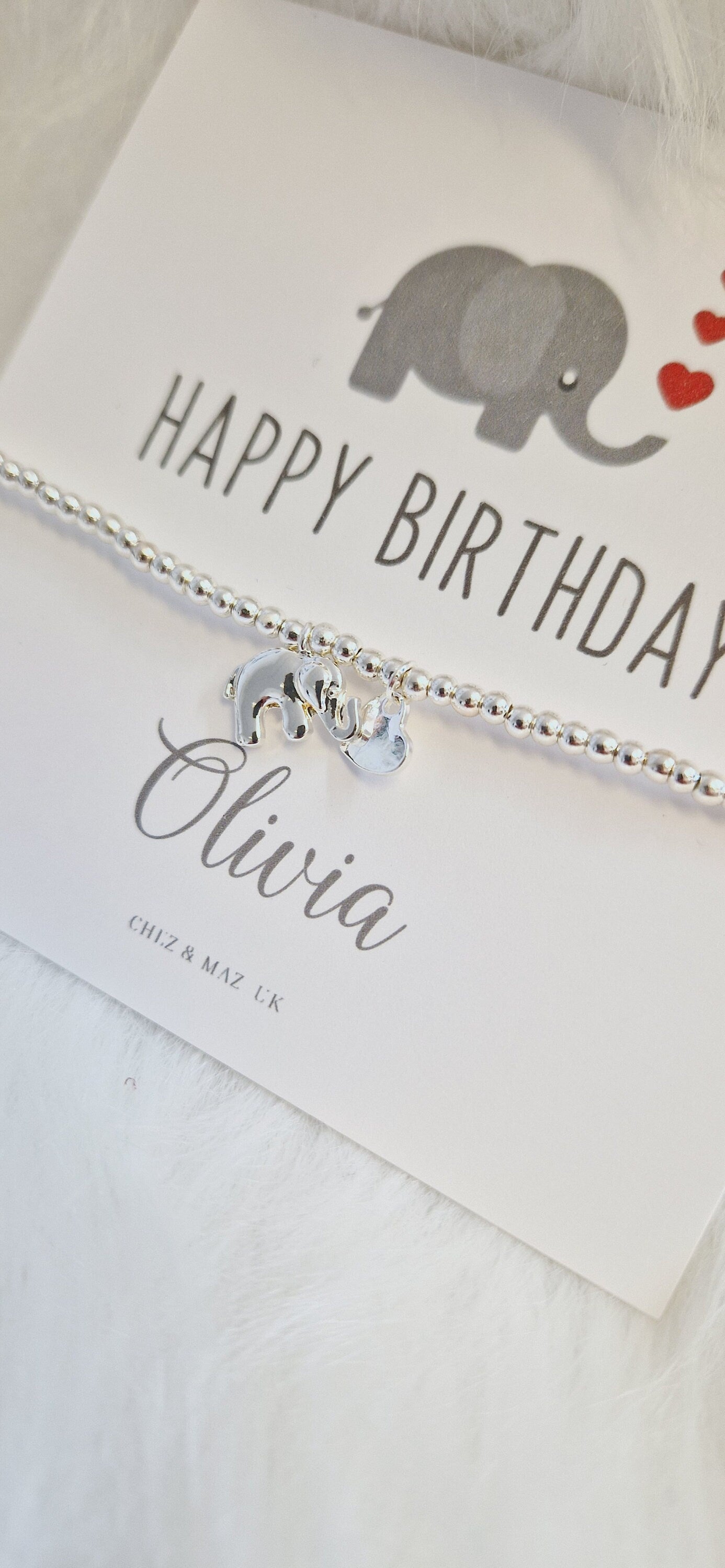 Happy Birthday Personalised Elephant Card I Silver Plated Charm Bbracelet & Silver Elephant Charm