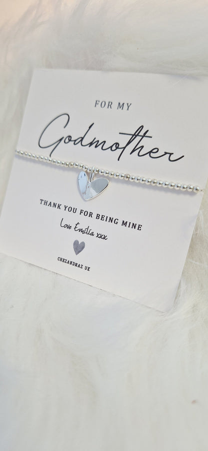 Personalised Godmother Bracelet  | For my Godmother | Christening I Baptism | Silver Plated Charm Bracelet Heart Charm RT100