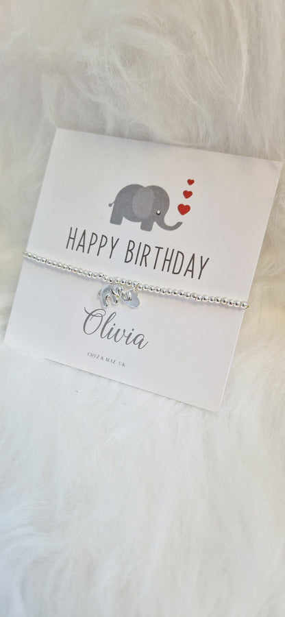 Happy Birthday Personalised Elephant Card I Silver Plated Charm Bbracelet & Silver Elephant Charm