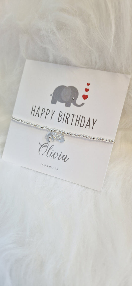 Happy Birthday Personalised Elephant Card I Silver Plated Charm Bbracelet & Silver Elephant Charm