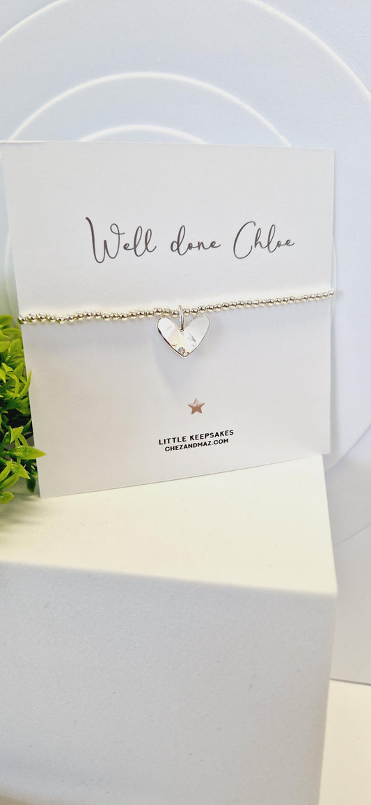 Well Done I Personalised I Passing Exams A level, Degree, GCSE I Silver plated charm bracelet & silver heart charm I Congratulations