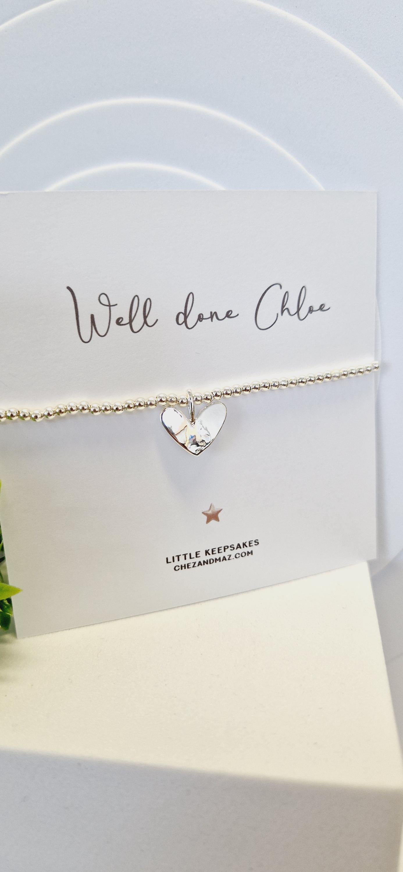 Well Done I Personalised I Passing Exams A level, Degree, GCSE I Silver plated charm bracelet & silver heart charm I Congratulations