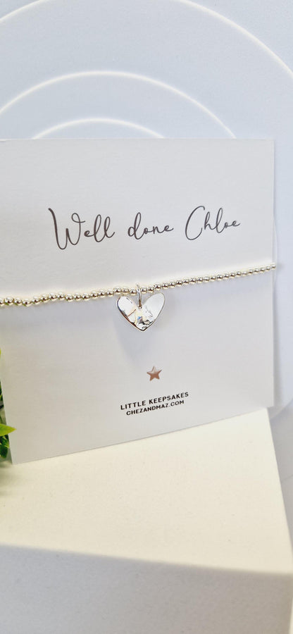 Well Done I Personalised I Passing Exams A level, Degree, GCSE I Silver plated charm bracelet & silver heart charm I Congratulations