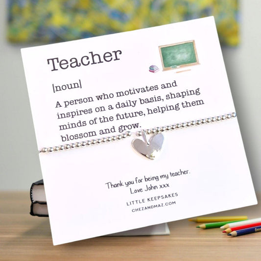 Thank You Gift Teacher Personalised I Nursery | TA | Childminder | Silver Beaded Charm Bracelet | Gifts For Teachers | Description Noun TEQ3