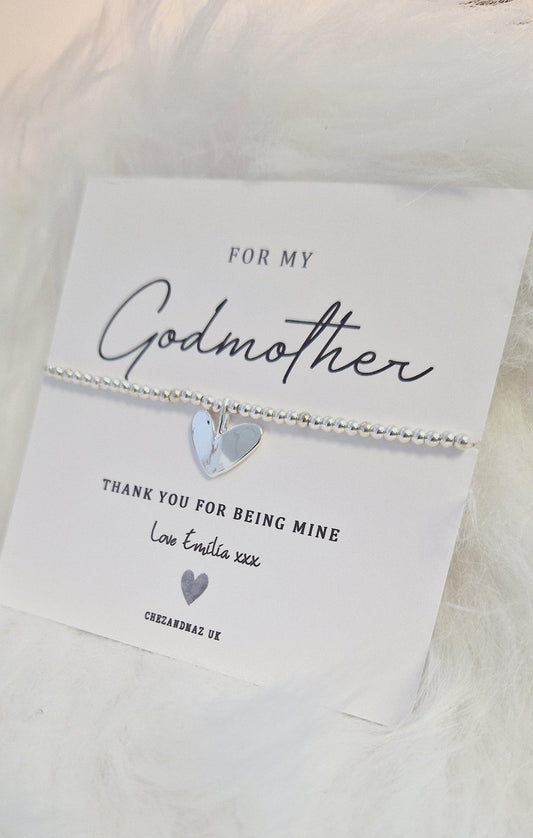 Personalised Godmother Bracelet  | For my Godmother | Christening I Baptism | Silver Plated Charm Bracelet Heart Charm RT100
