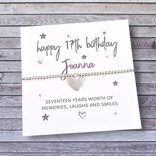Personalised Happy 17th Birthday - 17 - Seventeen - Memories, laughter and smiles - Silver plated charm bracelet & silver heart charm