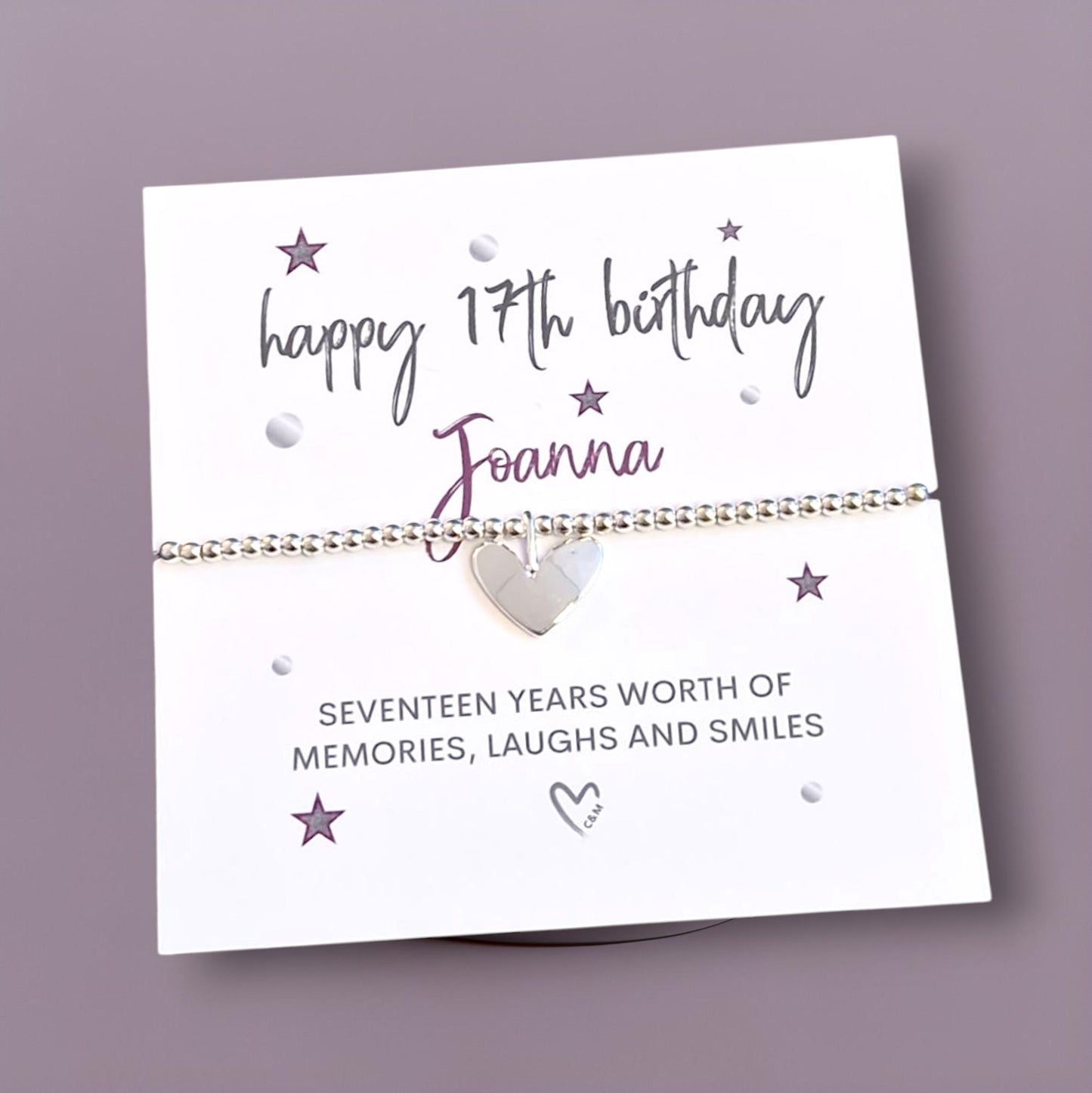Personalised Happy 17th Birthday - 17 - Seventeen - Memories, laughter and smiles - Silver plated charm bracelet & silver heart charm