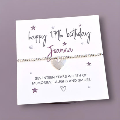 Personalised Happy 17th Birthday - 17 - Seventeen - Memories, laughter and smiles - Silver plated charm bracelet & silver heart charm