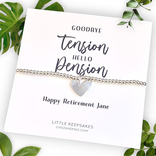 Personalised Retirement Bracelet  | Goodbye tension, hello Pension | Happy Retirement  | Silver Plated Charm Bracelet Heart Charm RT400