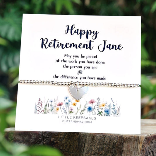 Personalised Retirement Bracelet  | Be proud of the Work you Did | Happy Retirement  | Silver Plated Charm Bracelet Heart Charm RT400