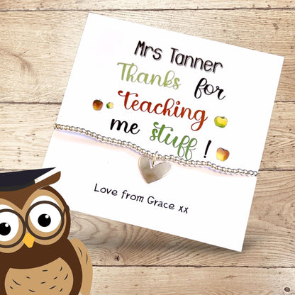 Thank You Gift Teacher Personalised I Nursery | Silver Beaded Charm Bracelet | Gifts For Teachers | Thank you for teaching me stuff