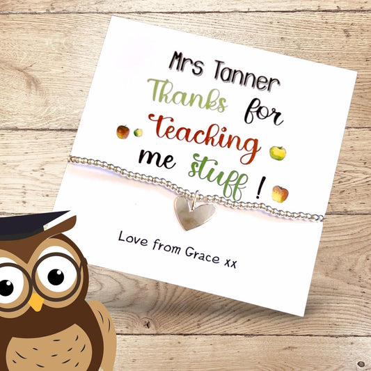 Thank You Gift Teacher Personalised I Nursery | Silver Beaded Charm Bracelet | Gifts For Teachers | Thank you for teaching me stuff