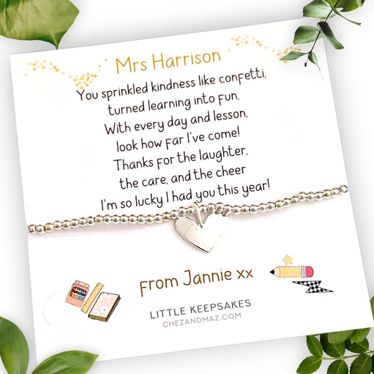 Personalised Thank You Gift Teacher/Nursery  | TA | Childminder | Silver Plated Beaded Bracelet | Gifts For Teachers | Charm Bracelet Te45