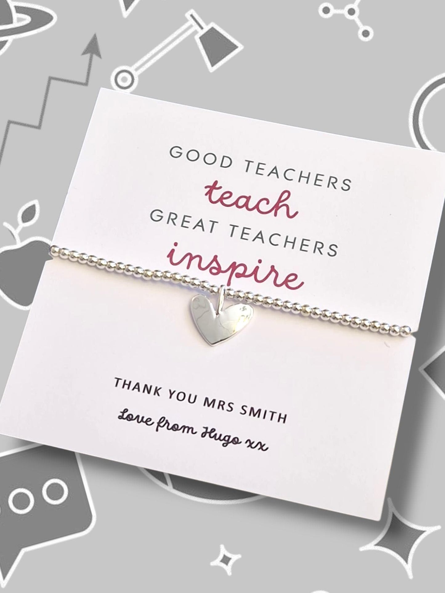 Good Teachers Teach - Great Teachers Inspire I Teacher Quote I Personalised I Silver Beaded Charm Bracelet | Gifts For Teachers | Thank you