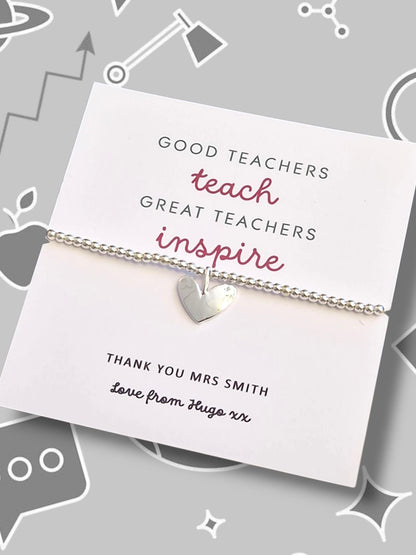 Good Teachers Teach - Great Teachers Inspire I Teacher Quote I Personalised I Silver Beaded Charm Bracelet | Gifts For Teachers | Thank you