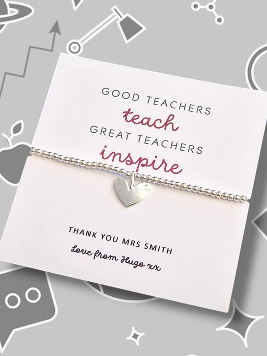 Good Teachers Teach - Great Teachers Inspire I Teacher Quote I Personalised I Silver Beaded Charm Bracelet | Gifts For Teachers | Thank you