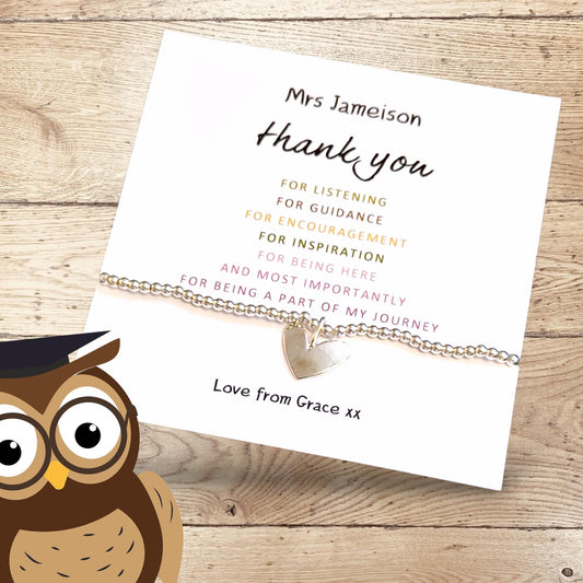 Thank You Gift Teacher Personalised I Nursery | TA | Childminder | Silver Beaded Charm Bracelet | Gifts For Teachers | Quote