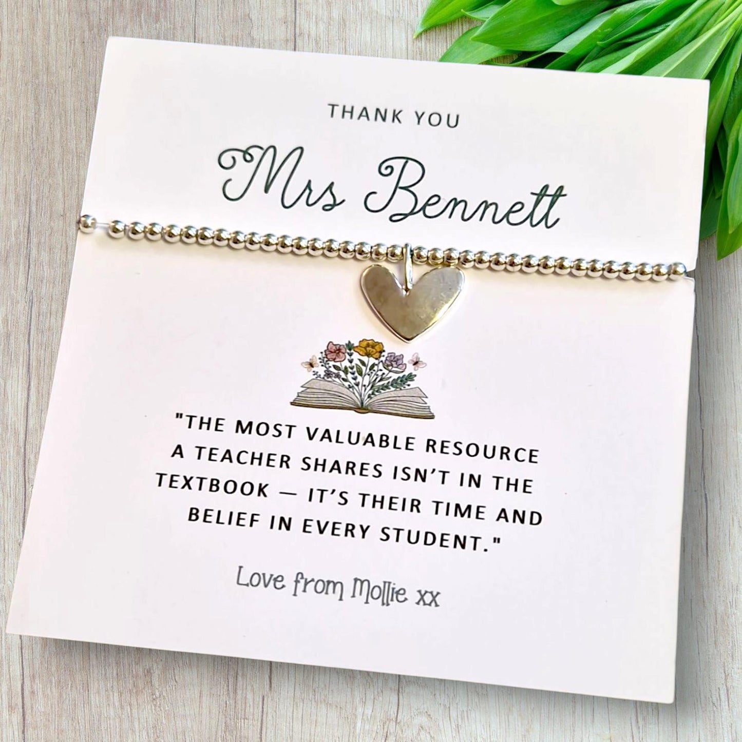 Thank You Gift Teacher Personalised I Nursery | TA | Childminder | Silver Beaded Charm Bracelet | Gifts For Teachers | Time & Belief Quote