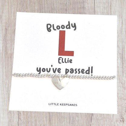 Funny Driving Test Card & Bracelet I Bloody L I Congratulations I Personalised I Driving Test I  Silver plated charm bracelet heart charm