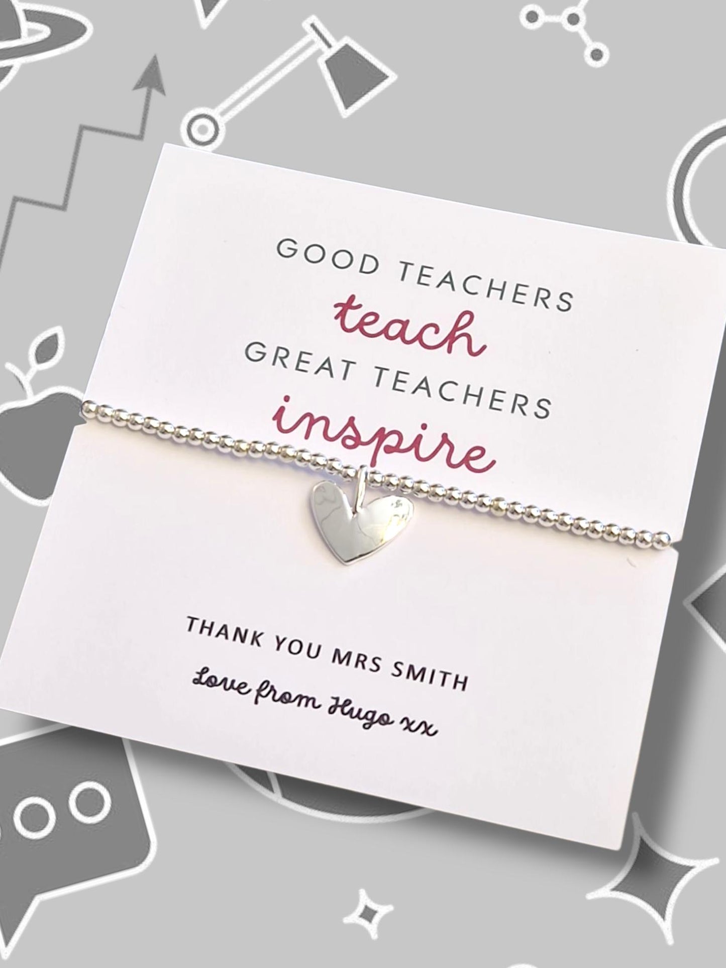 Good Teachers Teach - Great Teachers Inspire I Teacher Quote I Personalised I Silver Beaded Charm Bracelet | Gifts For Teachers | Thank you