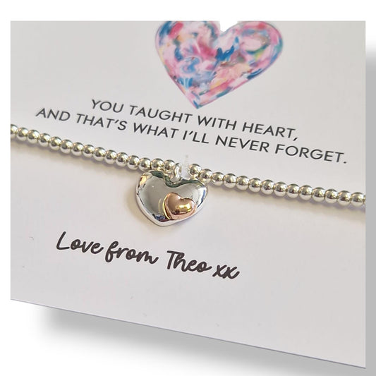 Thank You Gift Teacher Personalised I You taught with heart, And that's what I'll never forget | Silver Charm Bracelet I Teacher Gifts