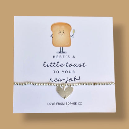 Funny New Job Gift - "Here's a Little Toast to Your New Job" - Personalised Silver Bracelet, Congratulations Present for Her