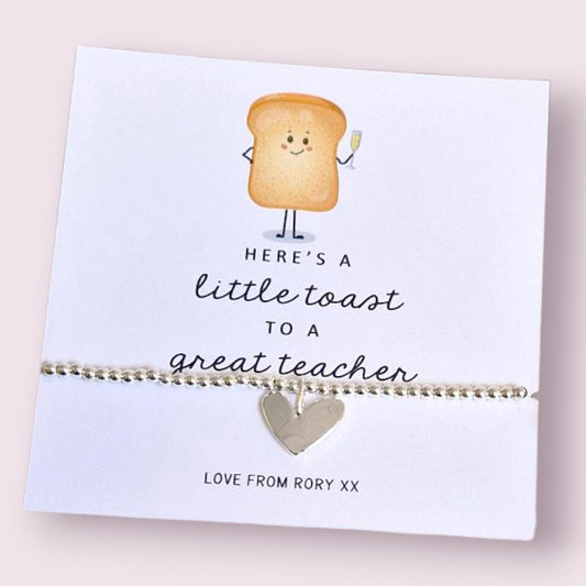 Here's a Little Toast to a Great Teacher" – Personalised Silver Bracelet – Funny Teacher Gift, End of Year Gift, Thank You Gift for Teacher