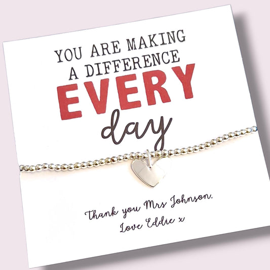 Thank You Gift Teacher Personalised I Making a difference everyday | Silver Beaded Charm Bracelet | Gifts For Teachers | Educator I Lecturer
