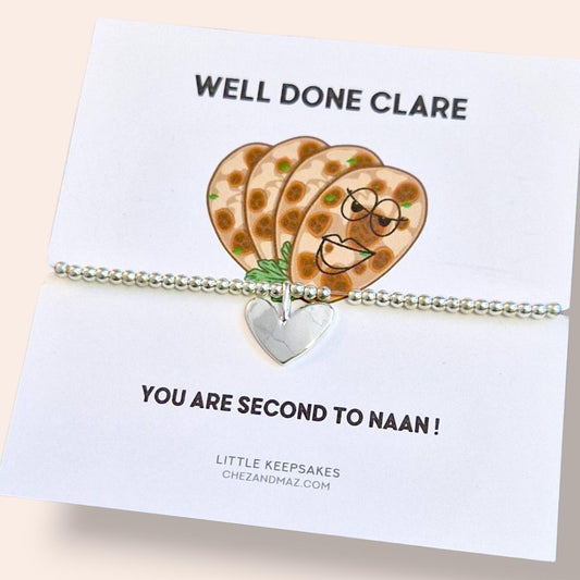 Well Done You Are Second to Naan Bracelet–Funny Silver Plated Bracelet, Heart Charm, Foodie Gift, Pun Jewellery for Friend, Coworker, Bestie