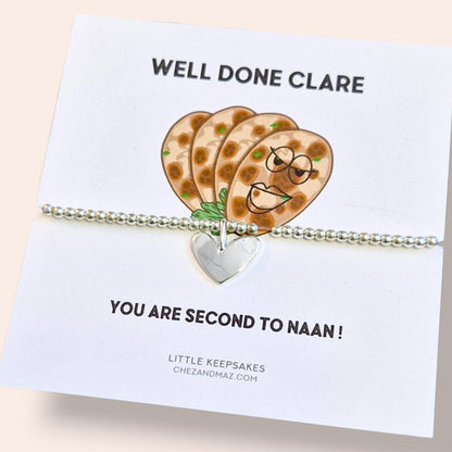 Well Done You Are Second to Naan Bracelet–Funny Silver Plated Bracelet, Heart Charm, Foodie Gift, Pun Jewellery for Friend, Coworker, Bestie