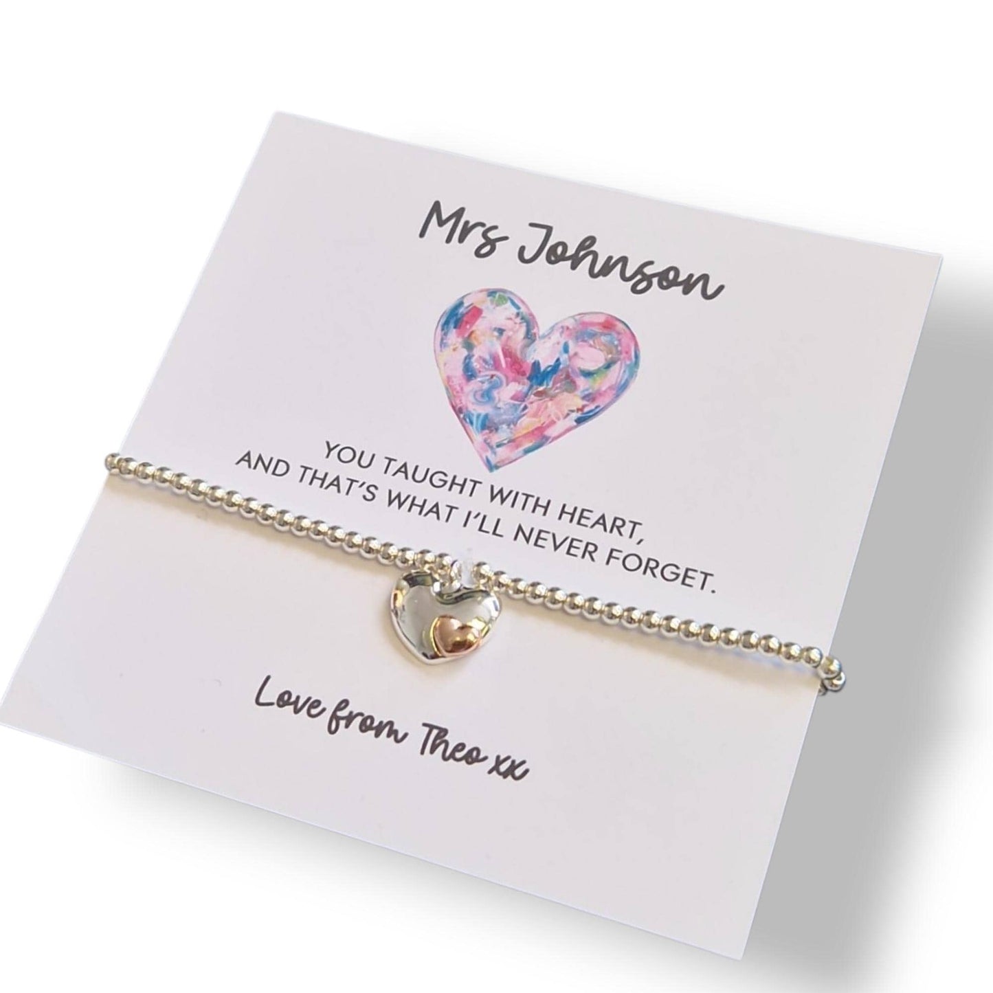 Thank You Gift Teacher Personalised I You taught with heart, And that's what I'll never forget | Silver Charm Bracelet I Teacher Gifts
