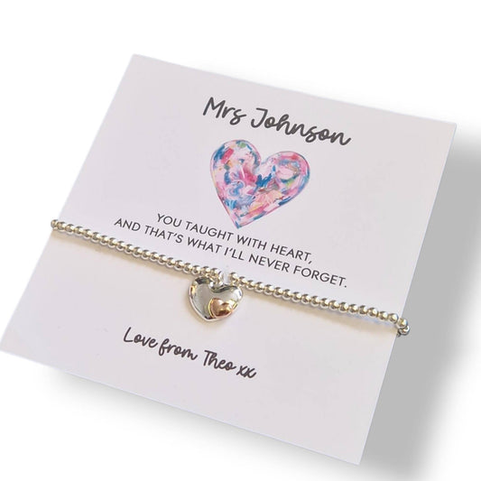 Thank You Gift Teacher Personalised I You taught with heart, And that's what I'll never forget | Silver Charm Bracelet I Teacher Gifts