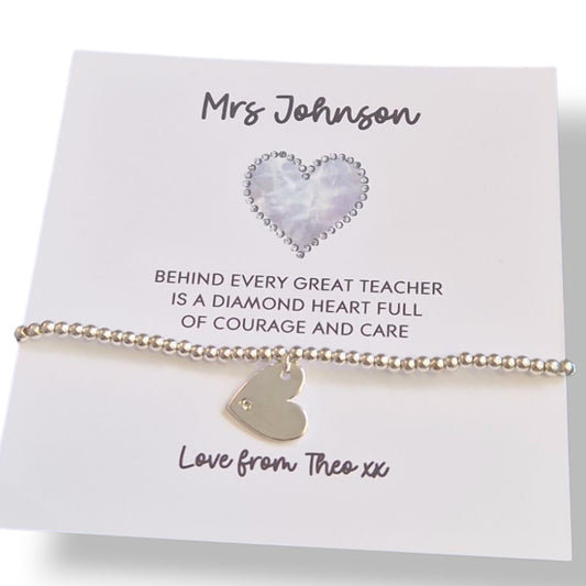 Thank You Gift Teacher Personalised, Behind every great teacher, is a Diamond heart full of courage & care, Silver Bracelet I Teacher Gifts