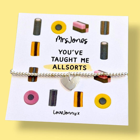 Personalised Thank You Card | Teaching Me AllSorts | Teacher Gift with Silver Bracelet | End of Term Thank You | Heartfelt Gift for Teacher