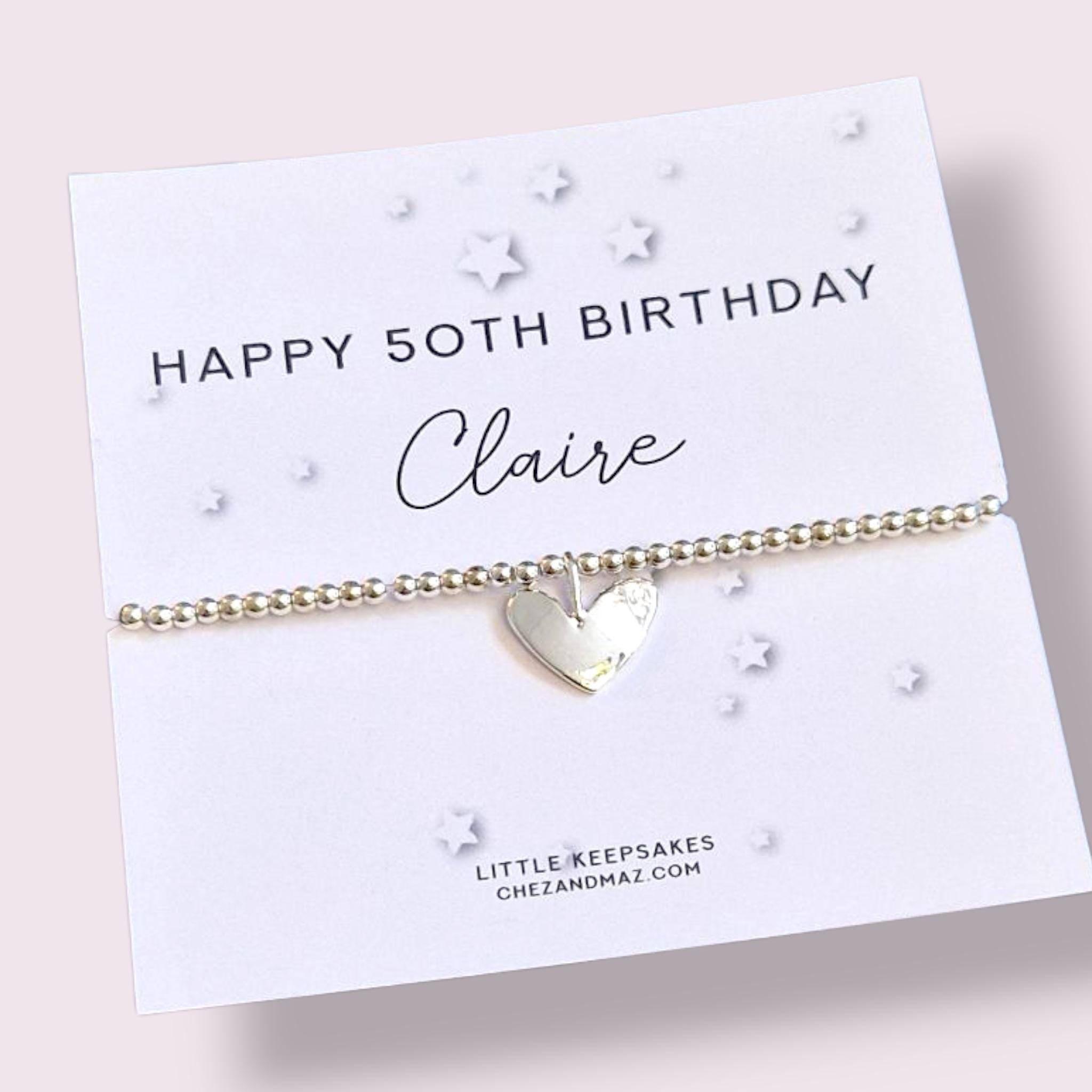 50th Birthday Bracelet | Silver Plated Heart Charm | Gift for Her | Milestone Birthday Jewellery | Personalised Birthday Gift for Women
