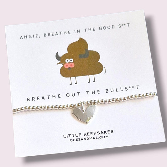 Breathe In the Good Sh*t Bracelet – Silver Plated Funny Quote Gift, Stress Relief Jewellery Silver plated charm bracelet silver heart charm