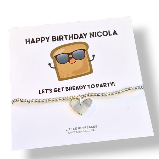 Let’s Get Bready to Party Bracelet – Funny Silver Plated Bracelet, Pun Jewellery, Foodie Gift for Friend, birthday gift , Bread Lover Gift