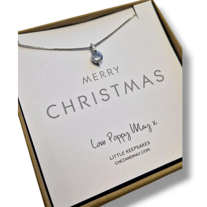 Merry Christmas Silver 925 Cubic Zircon Necklace – Gift Boxed with Personalised Card – Holiday Jewelry Gift for Her - 18" Chain