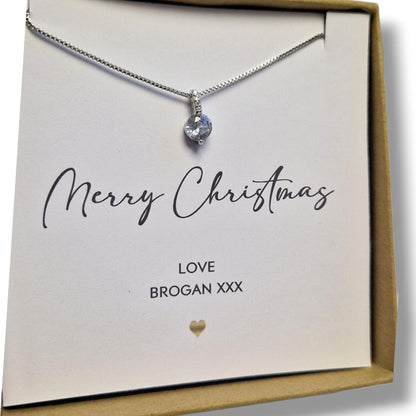 Merry Christmas Silver 925 Cubic Zircon Necklace – Gift Boxed with Personalised Card – Holiday jewellery Gift for Her - 18" Chain