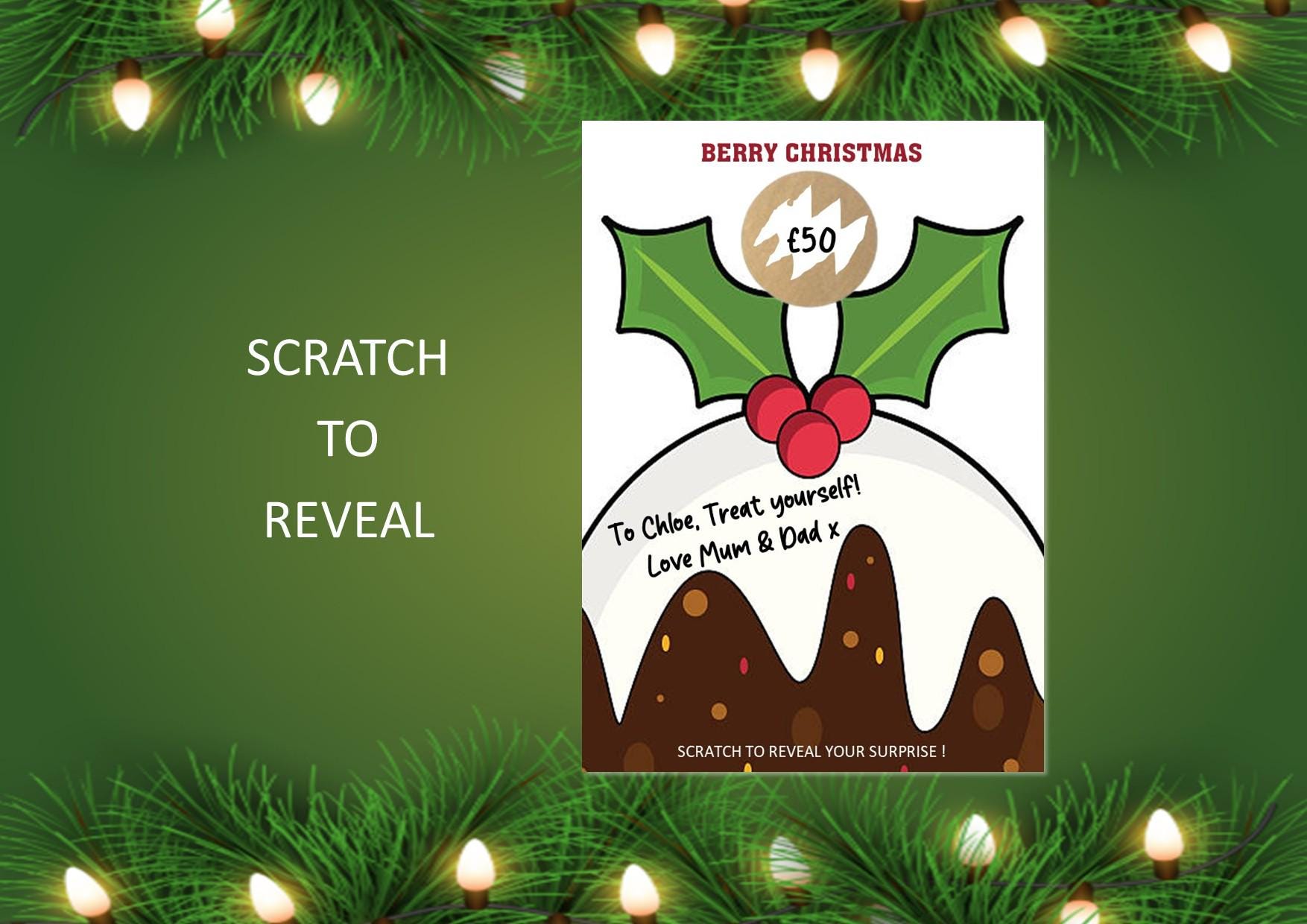 Surprise Reveal Card, Berry Christmas , Scratch off Gift, Scratch Card, Personalised, Xmas Present, Pudding