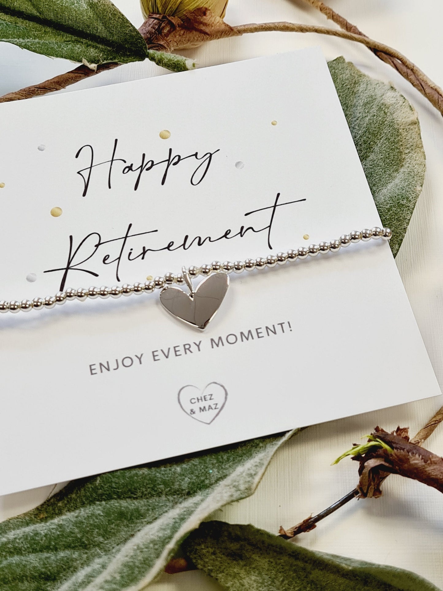 Happy retirement - enjoy every moment - Silver plated charm bracelet & heart charm CM4